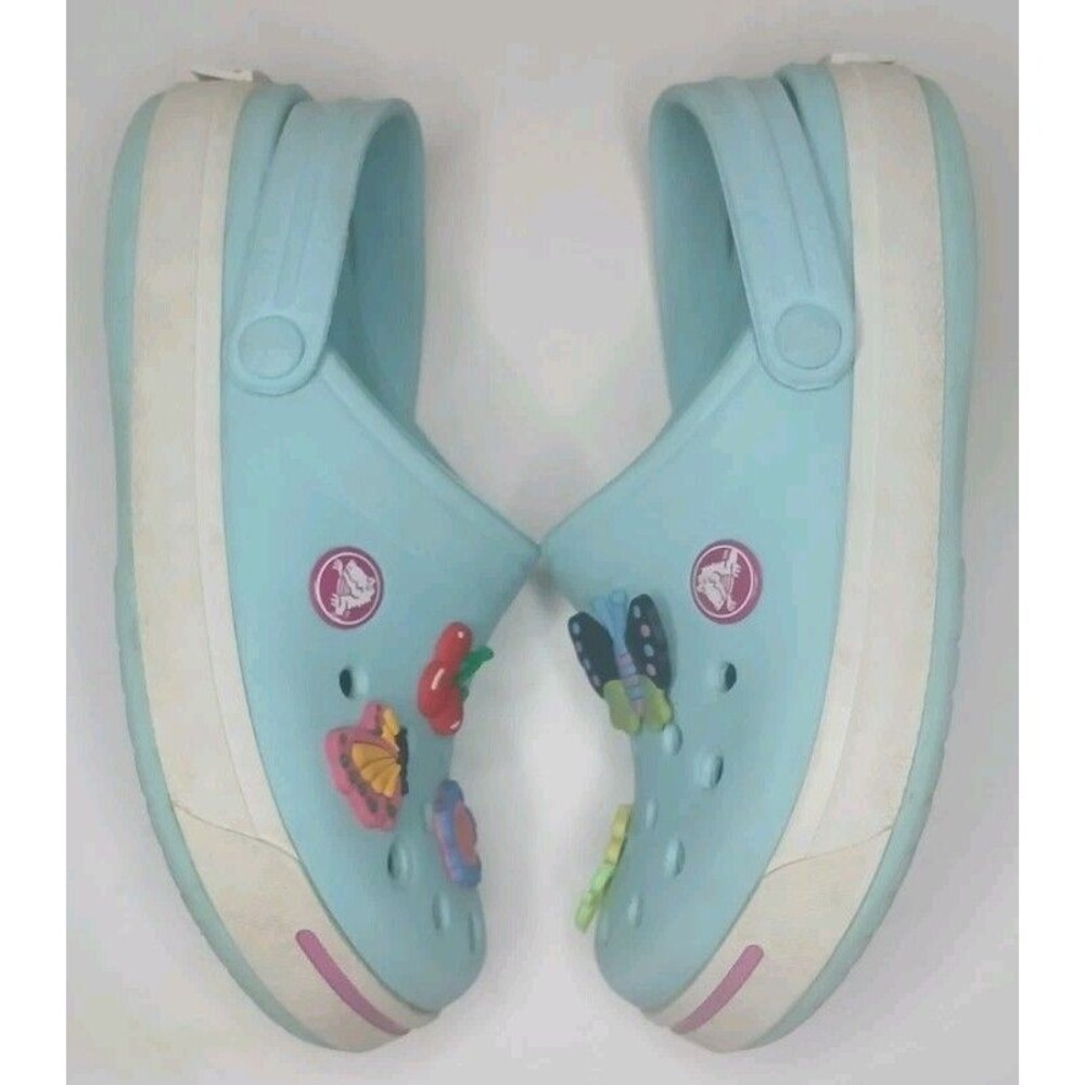 Crocs Kids Girls Sz C 12/13 Aqua Blue /Pink White w Charms Flowers Butterflies - Picture 5 of 16